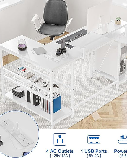L Shaped Computer Desk with Power Outlets & LED Light, 49.6" Reversible Corner Computer Desk with Storage Shelves & Monitor Stand, Home Office Desk, Gaming Desk, Writing Desk (White) - LeafyLoom