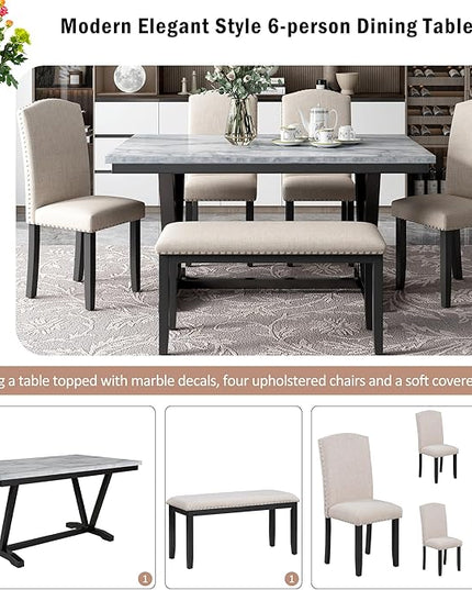 RITSU Contemporary 6-Piece Solid Wood Dining Table Set with 4 Upholstered Chairs and 1 Bench W/Marble Veneer & V-Shaped Legs, Suitable for Living Room, Kitchen White, 60inch - LeafyLoom