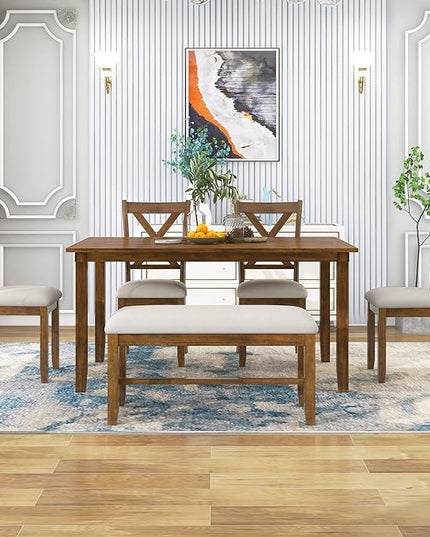 6-Piece Retro Style, Kitchen Set with Wooden Rectangular Table and 4 Chairs & Bench with Cushion for Family Dinner Dining Room, Set of 6(Natural Cherry) - LeafyLoom