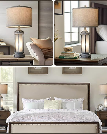 Set of 2 Rustic Table Lamps for Living Room, Farmhouse Vintage Nightstand Lamp with 2 USB Ports, Antique Retro Light Green Glass Night Light for Bedroom Entryway, 4 Bulbs Included… - LeafyLoom