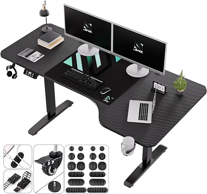 Standing Adjustable Desk, 63 inches L Shaped Electric Standing Gaming Desk with Locking Wheels, Cup Holder, Headphone Hook, Cable Manager, Mouse pad, Carbon Fiber Textured Pane - LeafyLoom