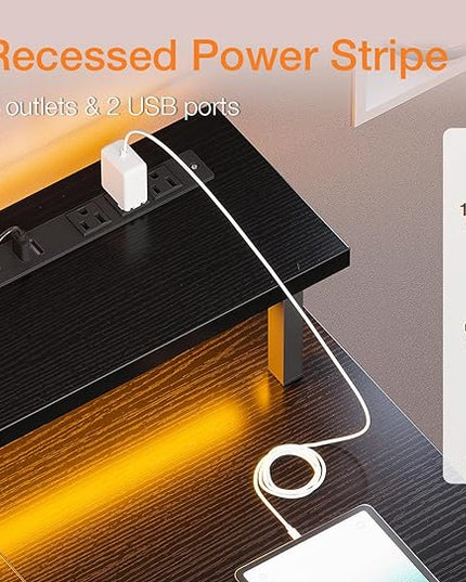 ODK 48 inch Gaming Desk with LED Lights & Power Outlets, Computer Desk with Monitor Stand & Storage Sheves, CPU Stand, Home Office Desk, Black - LeafyLoom