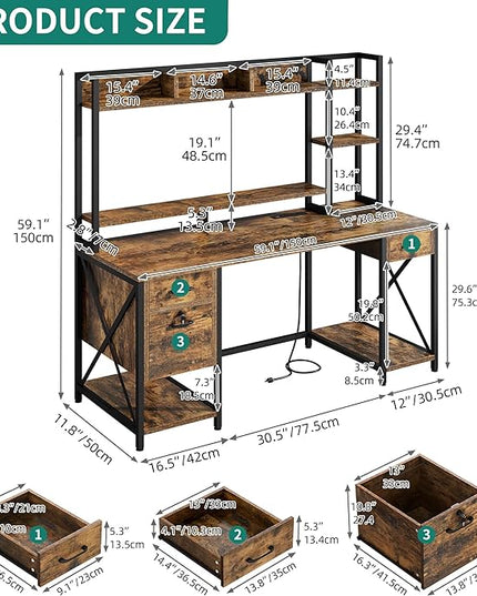 DWVO Computer Desk with Drawers & Hutch, 59.1" Office Desk with Power Outlets & LED Lights, Home Office Desk with Storage Shelves, Rustic Brown - LeafyLoom