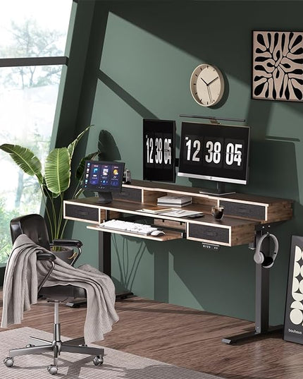 Electric Standing Desk, Multifunctional Standing Desk Adjustable Height, 55 * 24 Standing Desk with 4 Drawers, Ergonomic Adjustable Standing Desk with Keyboard Tray, Rustic Brown - LeafyLoom