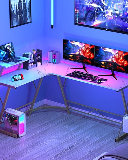 Mr IRONSTONE 63" L Shaped Gaming Desk, Corner Computer Desk, Home Office Writing Desk with Sturdy Monitor Shelf, Spacious L Shaped Desk Workstation, Easy to Assemble, Laminate Marble - LeafyLoom