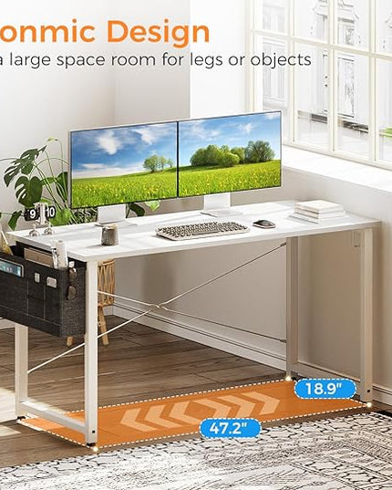 ODK Computer Desk Large Office Desk, 48 Inch Writing Desk with Storage, Modern PC Desk Work Table with Headphone Hook for Home Office, White + White Leg - LeafyLoom