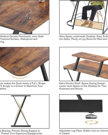 Mr IRONSTONE L Shaped Computer Desk: Corner Desk, Home Office Desk, Gaming Writing Workstation with Large Monitor Stand, Easy to Assemble (Rustic Brown,51 Inch) - LeafyLoom