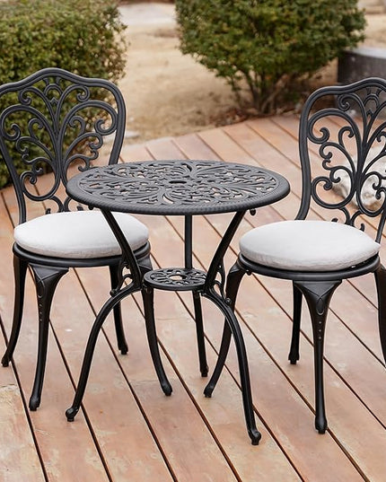 Patio Bistro Set 3 Piece Outdoor, All Weather Bistro Table and Chairs Set of 2 with Umbrella Hole, Outdoor Bistro Set with Cushions, Cast Aluminum Patio Furniture Set for Garden Porch - LeafyLoom
