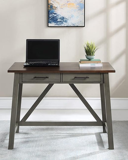 OSP Home Furnishings Milford Rustic 42 Inch Writing Desk with 2 Drawers and Burnished Decorative Hardware, Slate Gray - LeafyLoom
