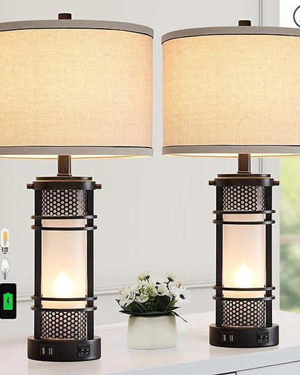 Set of 2 Modern Table Lamps for Living Room, Contemporary Nightstand Lamp with Dual USB Port, Bedside Lamps with White Frosted Glass Night Light for Bedroom, 4 Bulbs Included (Black) - LeafyLoom