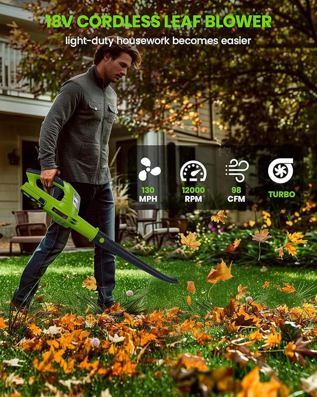 HARDELL Leaf Blower, 18V Small Leaf Blower Cordless with 2.0Ah Battery & Fast Charger, Lightweight Electric Leaf Blower for Lawn Care, Patio, Blowing Leaves, Green - LeafyLoom
