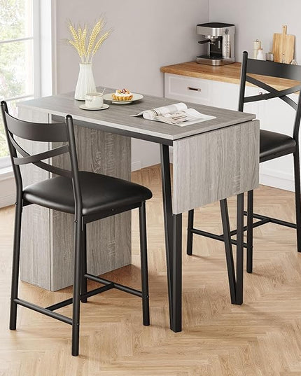IDEALHOUSE Dining Table Set for 2, Expandable Kitchen Bar Table and Chairs for 2, 3 Piece Counter Height Top Dining Table Set with Upholstered Chairs Storage for Small Space, Black (Grey) - LeafyLoom