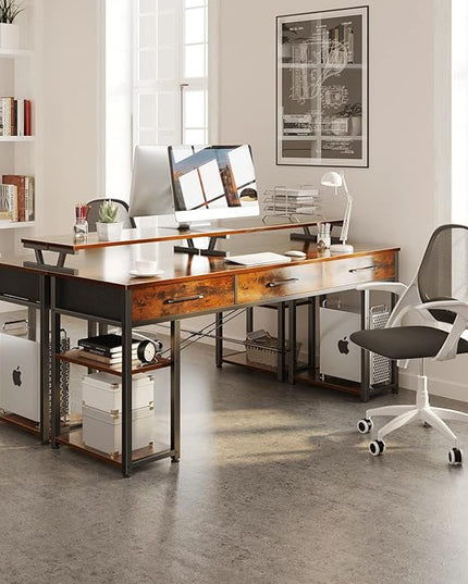 ODK Computer Desk with Drawers and Storage Shelves, 63 inch Home Office desk with Monitor Stand, Modern Work Study writing table Desk for Small Spaces, Vintage - LeafyLoom