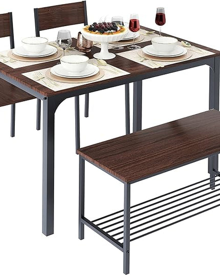 DlandHome 4 Person Dining Table Set, Dining Table with 2 Chairs and 1 Bench,Rectangular Space-Saving Dinner Table with Two Benches for Kitchen,Rustic Oak - LeafyLoom