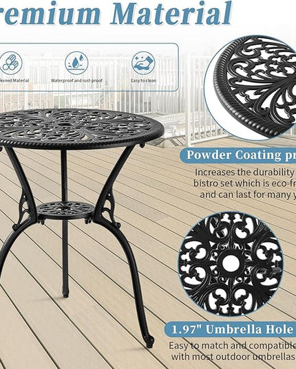 Patio Bistro Set 3 Piece Outdoor, All Weather Bistro Table and Chairs Set of 2 with Umbrella Hole, Outdoor Bistro Set with Cushions, Cast Aluminum Patio Furniture Set for Garden Porch - LeafyLoom