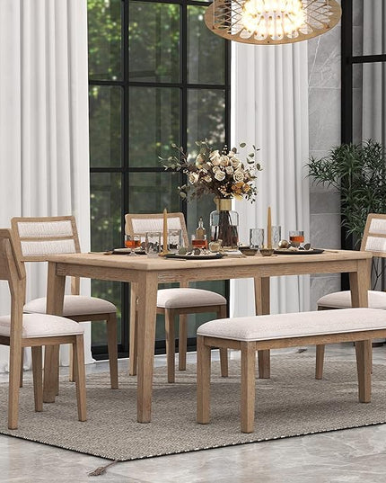 Dining Table Set for 6 Rectangular Tabletop with Upholstered Chairs & Bench for Dining&Kitchen Room, 60 inch, Natural Wood Wash - LeafyLoom