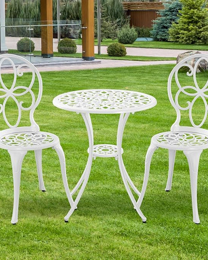 Patio Bistro Sets, Cast Aluminum Bistro Table and Chairs Set of 2 with Umbrella Hole, Bistro Set 3 Piece Outdoor, Metal Patio Furniture Set for Garden Porch, White - LeafyLoom