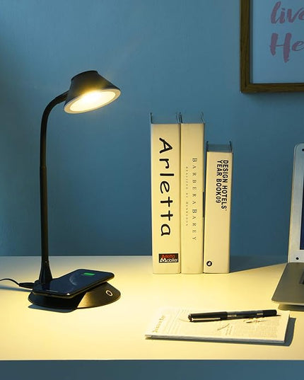 DAC Desk Lamp Wireless Charger – for iPhone 11, X, 8, Galaxy S20, S10, S9, S8, S7 and All Qi-Enabled Devices - 3 Brightness Levels - Flexible Gooseneck LED Lamp - Desk Light for Office – Black - LeafyLoom