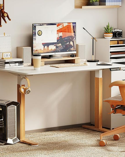 Monomi Electric Standing Desk, 55 x 28 inches Height Adjustable Desk, Ergonomic Home Office Sit Stand Up Desk with Memory Preset Controller (White Top/Wood Grain Frame) - LeafyLoom