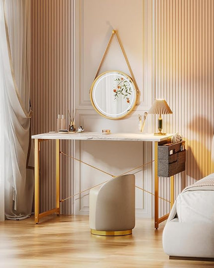 ODK Computer Desk, 40 Inch Small Study Desk, Office Desk with Storage, Work Table with Headphone Hook for Small Space Home Office, White Marble + Gold Leg - LeafyLoom