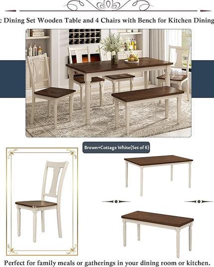 6-Piece Classic Dinette Sets Rectangular Wooden Kitchen Dining Table, 4 Chairs & Bench, for Diningroom Living Room, Easy to Assemble, Brown+Cottage White - LeafyLoom