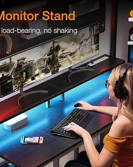 ODK 48 inch Gaming Desk with LED Lights & Power Outlets, Computer Desk with Monitor Stand & Storage Sheves, CPU Stand, Home Office Desk, Black - LeafyLoom