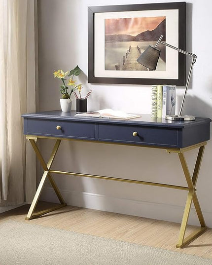 Linon Campaign Desk Navy with Gold Legs, Blue - LeafyLoom