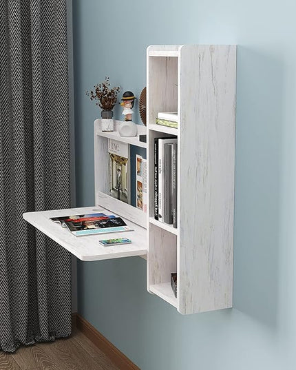 Pmnianhua Floating Desk,41'' Wall Mounted Desk Fold Down Laptop Desk Folding Space Saving Table Workstation with Storage Shelves for Bedroom Study Room Small Space (Off White-Right) - LeafyLoom