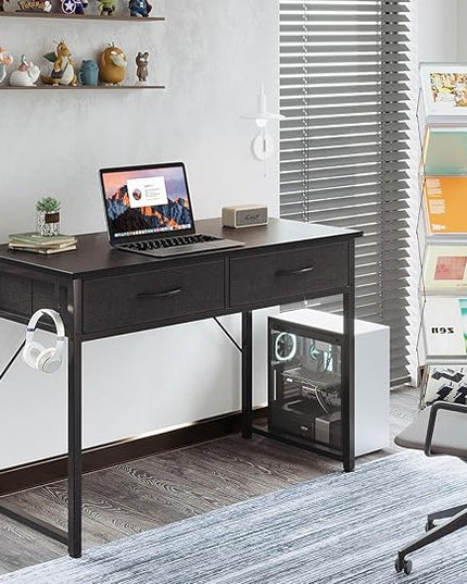 ODK 40 Inch Small Desk with Fabric Drawers- for Bedroom, Black Study Desk with Storage, Home Office Computer Desk for Small Spaces, Modern Work Writing Kids Table, Black - LeafyLoom