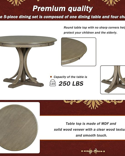 Kitchen 5-Piece Retro Round Set with Curved Trestle Style Table Legs and 4 Upholstered Chairs for Dining Room, Taupe - LeafyLoom