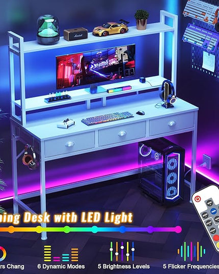 Furologee White Gaming Desk with Power Outlet and LED Light, 47" Computer Desk with 3 Fabric Drawers, Home Office Desk with Monitor Stand and Hutch for Small Space Working, Study Table with Shelf - LeafyLoom