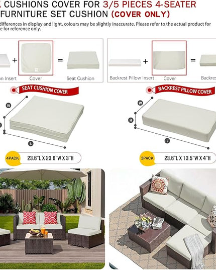 ClawsCover 7Pack Outdoor Seat and Back Cushions Replacement Covers Fit for 3/5 Pieces 4-Seater Wicker Rattan Patio Furniture Conversation Set Sectional Couch,Cream-Small (Include Cover Only) - LeafyLoom