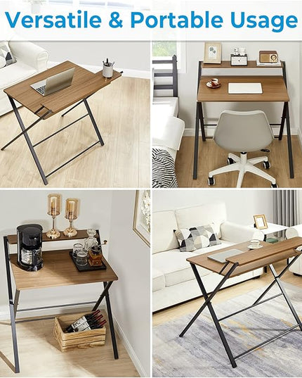 GreenForest Folding Desk No Assembly Required Large Size, 2-Tier Foldable Computer Desk with Shelf for Home Office, Space Saving Portable Laptop Study Foldable Table for Bedroom, Espresso - LeafyLoom