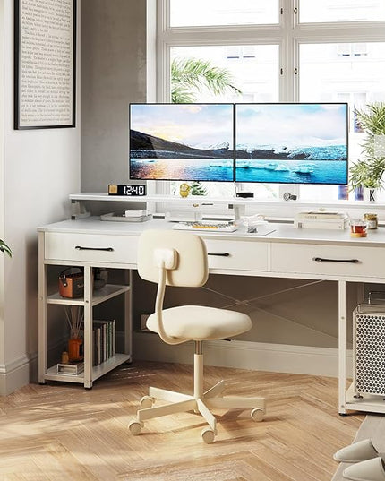 ODK Computer Desk with Drawers and Storage Shelves, 63 inch Home Office Desk with Monitor Stand, Modern Work Study Writing Table Desk for Small Spaces, White + White leg - LeafyLoom