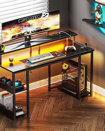 ODK 48 inch Gaming Desk with LED Lights & Power Outlets, Computer Desk with Monitor Stand & Storage Sheves, CPU Stand, Home Office Desk, Black - LeafyLoom