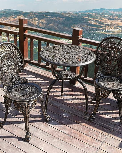 Patio Bistro Set.Rust-Resistant Cast Aluminum Bistro Table Set with Umbrella Hole for Backyard (Crown Copper) - LeafyLoom