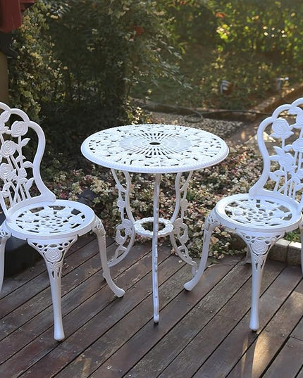 Patio Bistro Set.Rust-Resistant Cast Aluminum Bistro Table Set with Umbrella Hole for Backyard (Rose White) - LeafyLoom