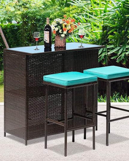 FDW 3PCS Patio Bar Set Outdoor Furniture Set Wicker Bistro Set with Two Stools for Patio Backyard Balcony,Blue Cushion - LeafyLoom