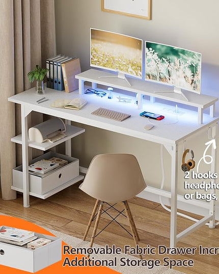 Furologee White Desk with Power Outlets and LED Lights, 47" Office Gaming Desk with Shelves and Fabric Drawer, Reversible Study Table with Monitor Stand and Hooks - LeafyLoom