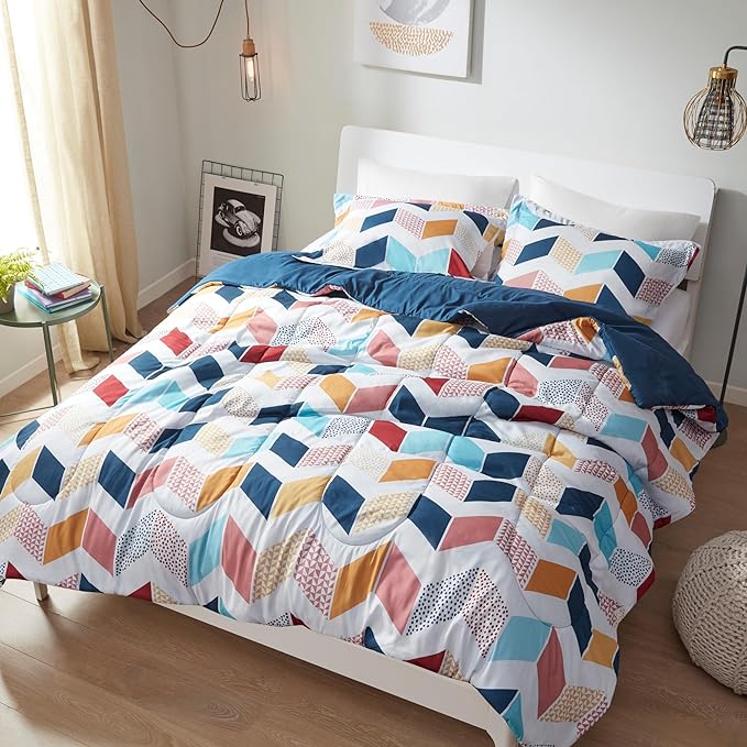 Comfort Spaces Kylar Cozy Comforter Set, Vibrant Chevron Ruching Design with Solid Reverse, All Season Down Alternative Bedding with Matching Sham, Twin/Twin XL (66 in x 90 in), Multi/Aqua 2 Piece - LeafyLoom