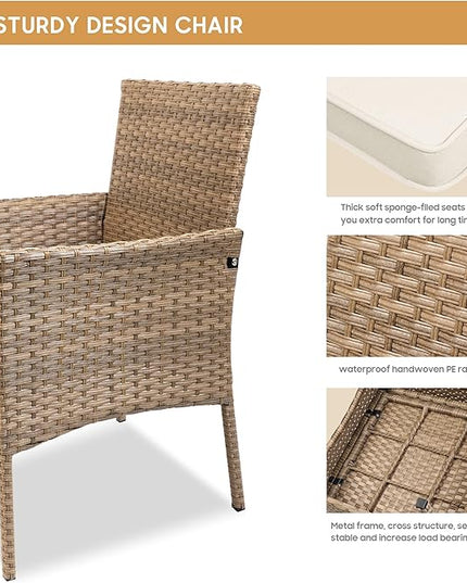 YIYAN 3 Pieces Patio Bistro Set Outdoor Wicker Furniture Outdoor Porch PE Rattan Wicker Chairs Furniture Sets with Sofa Chairs,Glass Coffee Table and White Washable Cushion - LeafyLoom