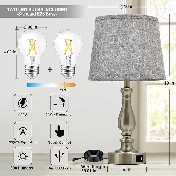 Nightstand Table Lamps for Bedroom Set of 2, Touch Bedside Lamps with Dual USB Ports, 3 Way Dimmable Bedroom Lamps for End Tables, Modern Night Stand Lamps for Living Room Guest Room - LeafyLoom