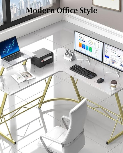 Mr IRONSTONE L Shaped Desk Computer Corner Desk, Home Gaming Desk, Office Writing Workstation with Large Monitor Stand, Easy to Assemble (White,51 Inch) - LeafyLoom