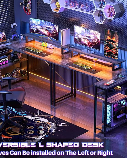 Homieasy L Shaped Gaming Desk with Power Outlet & LED Light, 47 Inch Computer Desk with Storage Shelves, Reversible Corner Desk with Monitor Stand Headset Hooks for Home Office, Black Oak - LeafyLoom