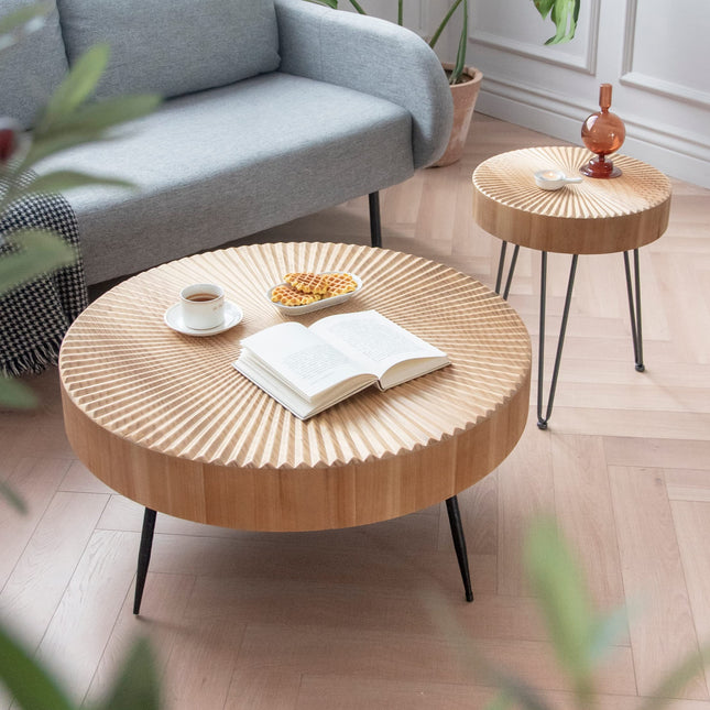 2-Piece Modern Farmhouse Living Room Coffee Table Set, Nesting Table Round Natural Finish with Handcrafted Wood Ring Motif, Wood Colour LeafyLoom