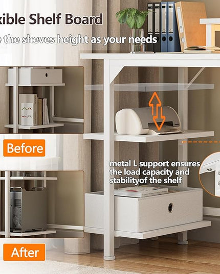 Furologee White Gaming Desk with Charging Station and LED Lights, 55" Office Computer Desk with Reversible Shelves and Fabric Drawer, Study Table with Monitor Stand and 2 Hooks for Home Office - LeafyLoom