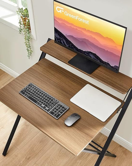 GreenForest Folding Desk No Assembly Required Large Size, 2-Tier Foldable Computer Desk with Shelf for Home Office, Space Saving Portable Laptop Study Foldable Table for Bedroom, Espresso - LeafyLoom