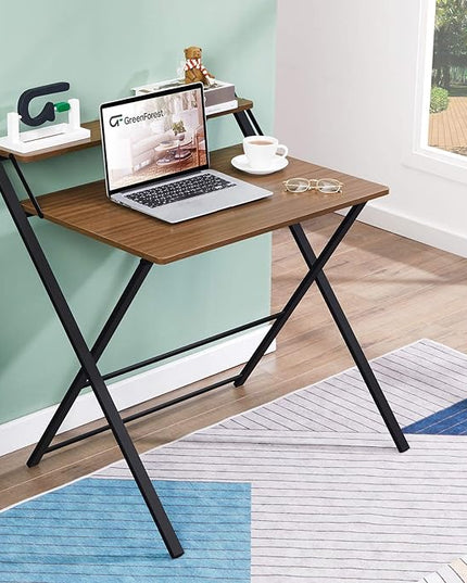 GreenForest Folding Desk No Assembly Required Small Size, 2-Tier Foldable Computer Desk with Shelf for Home Office, Space Saving Portable Laptop Study Foldable Table for Small Spaces, Espresso - LeafyLoom