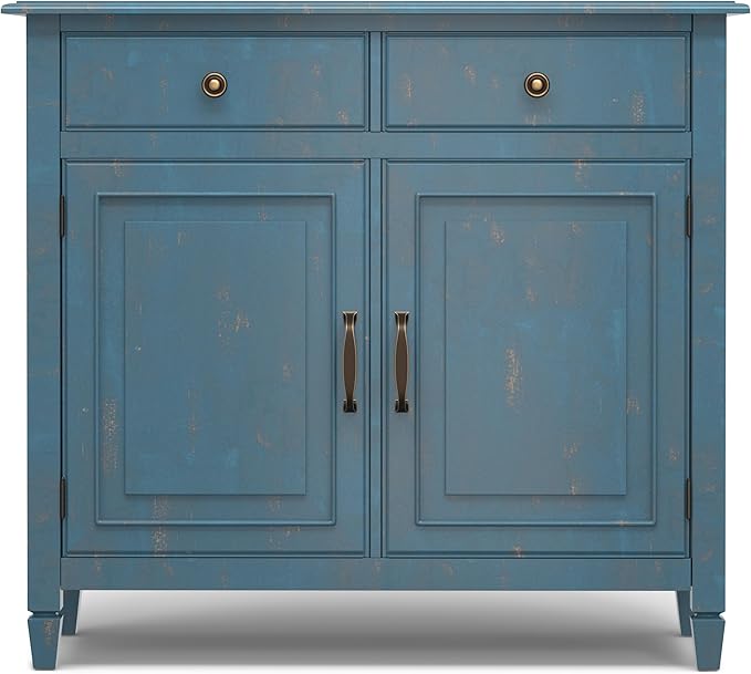 SIMPLIHOME Connaught SOLID WOOD Wide Traditional Storage Cabinet for The Living, Entryway and Family Room, 40 inch, Distressed Coastal Blue - LeafyLoom