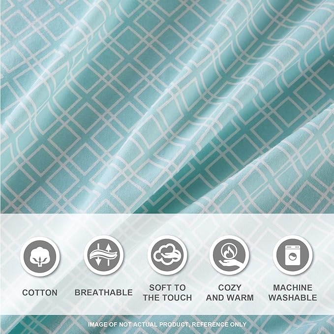 Comfort Spaces Cotton Flannel Breathable Warm Deep Pocket Sheets with Pillow Case Bedding, Queen, Aqua Geo 4 Piece - LeafyLoom